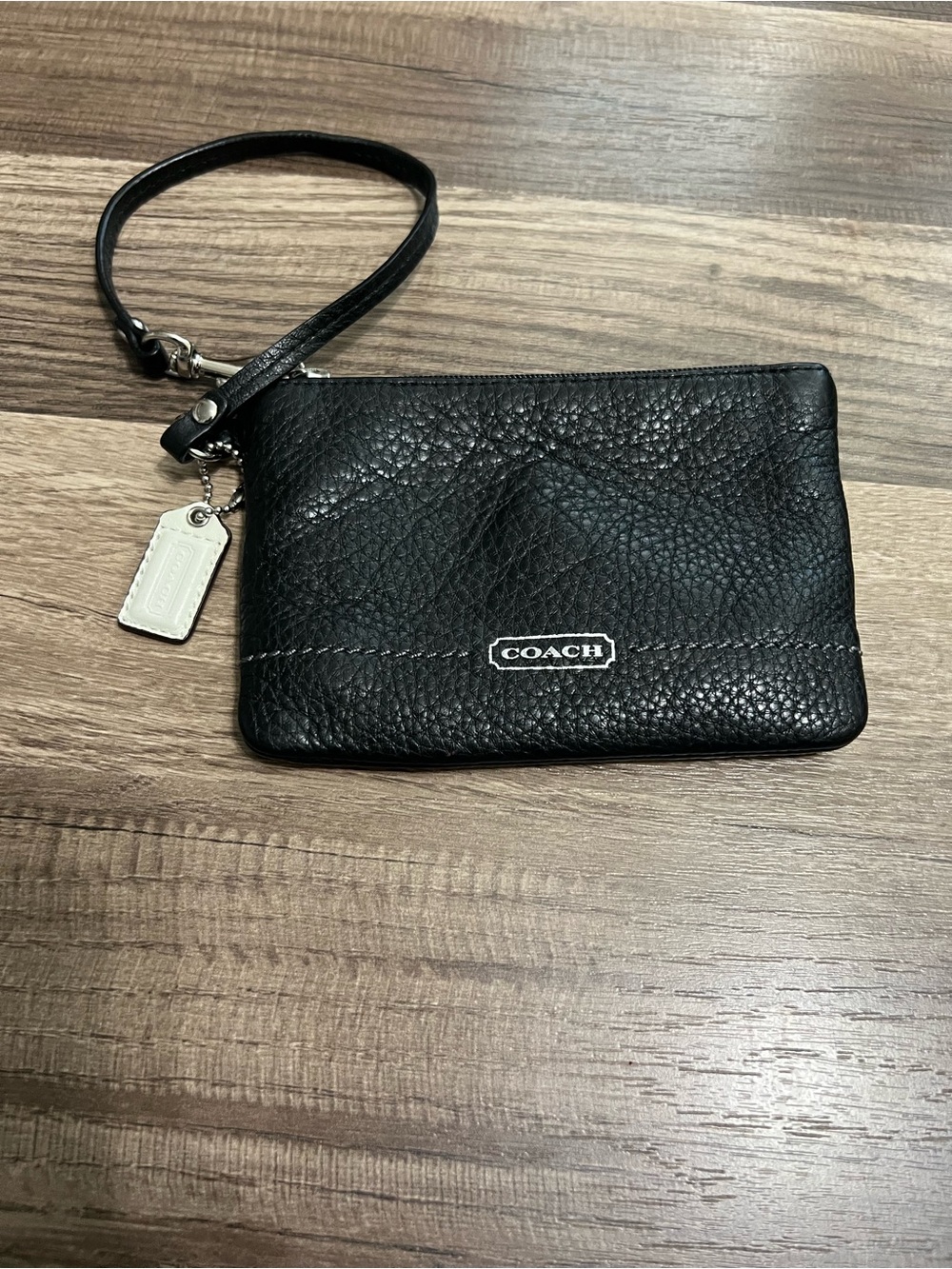 Coach Black Pebbled Leather Wristlet with Silver Accent